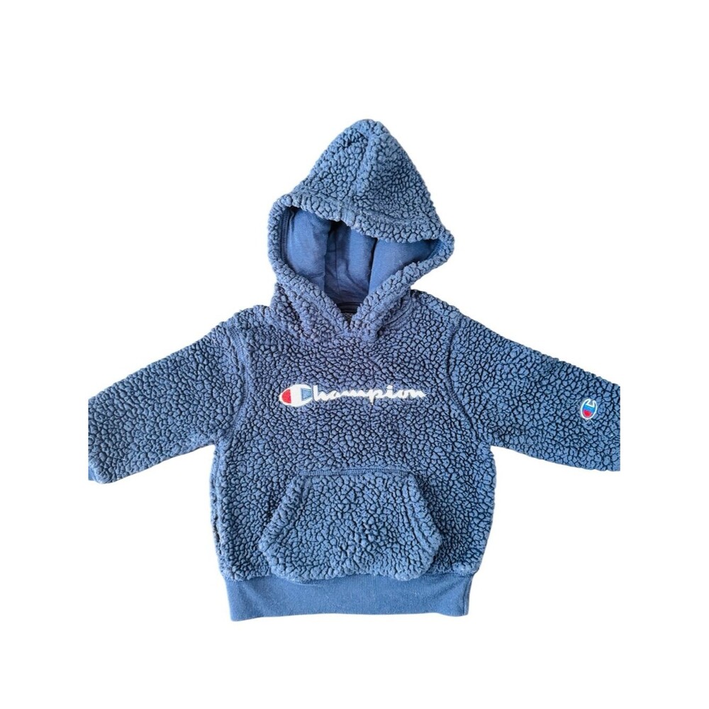 Champion Sherpa Teddy Fleece Hoodie Blue Logo Pullover Toddler Boy's 2T Jacket